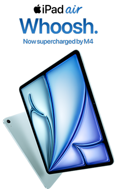 Two iPad air devices showing the front and back exterior and showcasing thin construction, with text above them that reads: 'iPad Air. Whoosh. Now supercharged by M4'